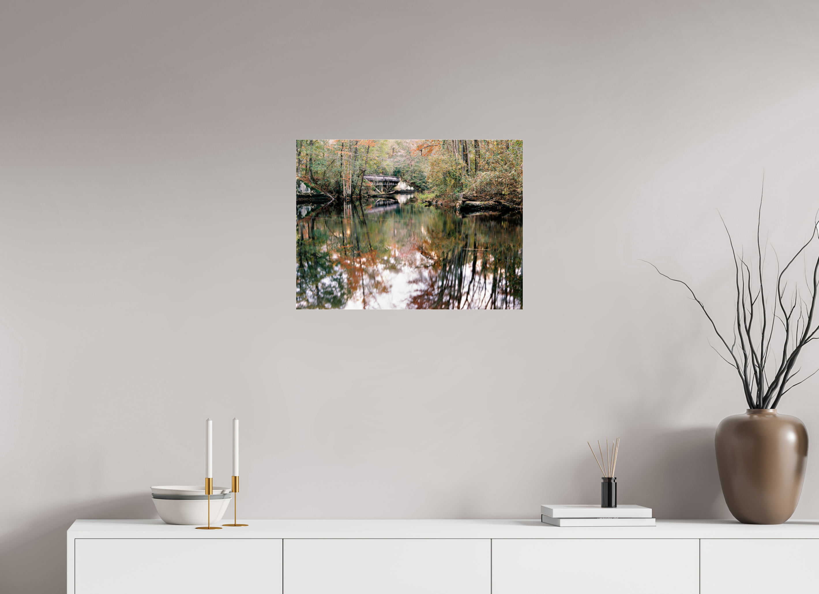 24 x 18″, Photo Print Under Acrylic Glass Gilchrist Bridge and Lumber River in Fall