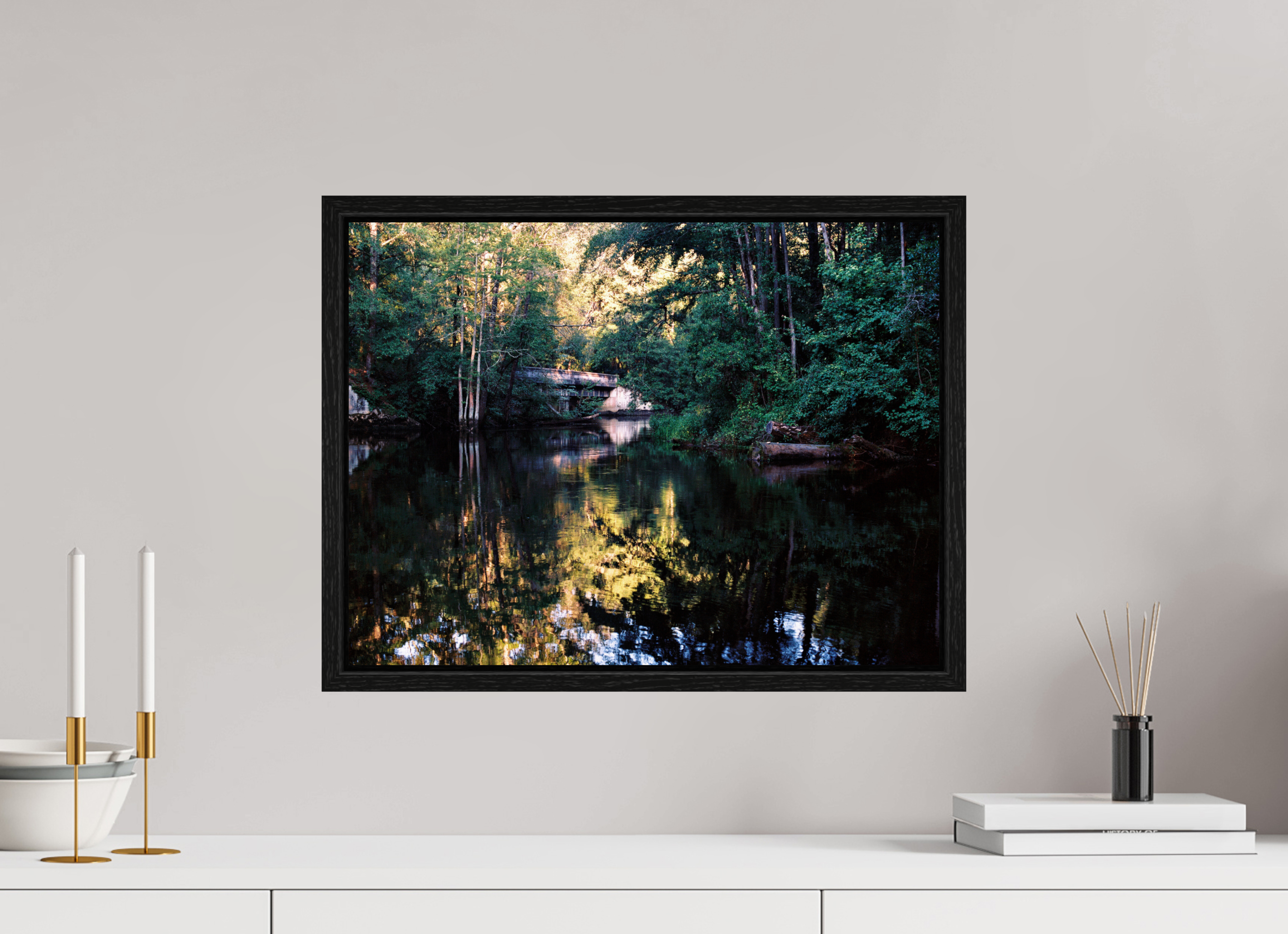 20 x 15″, Floater Frame Gilchrist Bridge and Lumber River in Summer