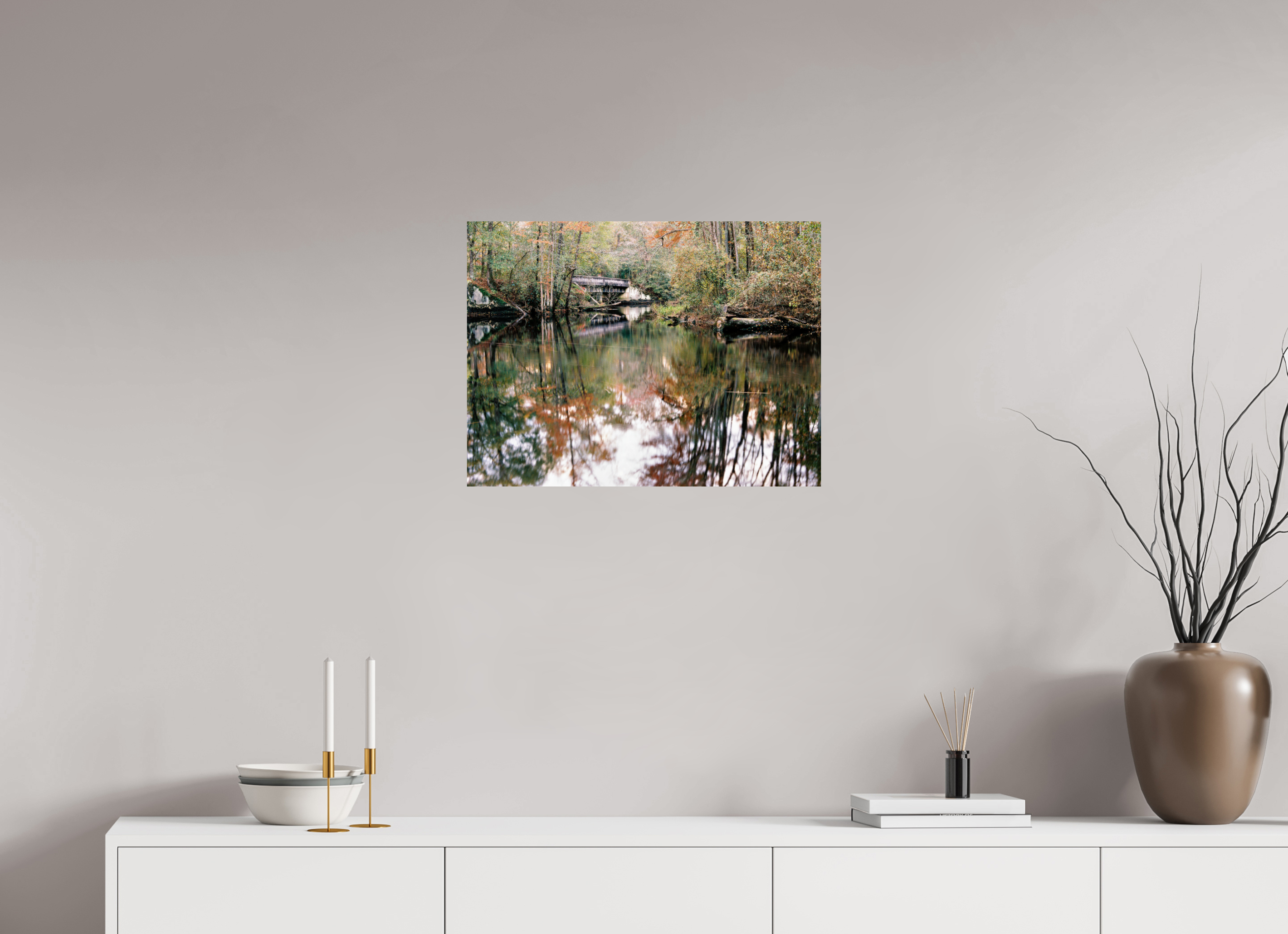 24 x 18″, Photo Print On Fuji Crystal DP II Gilchrist Bridge and Lumber River in Fall