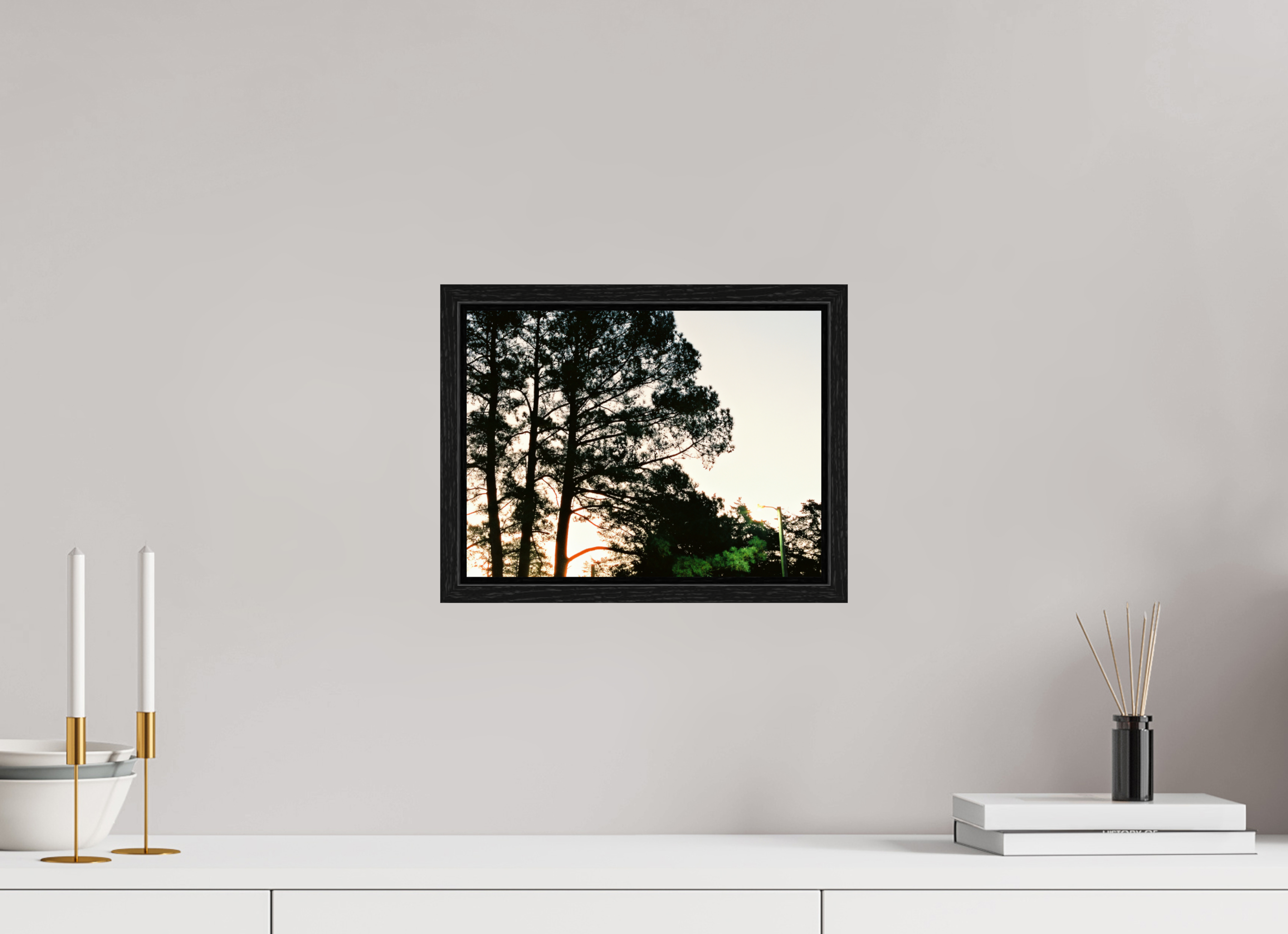 12 x 9″, Floater Frame Pine Trees at Dawn No. 2