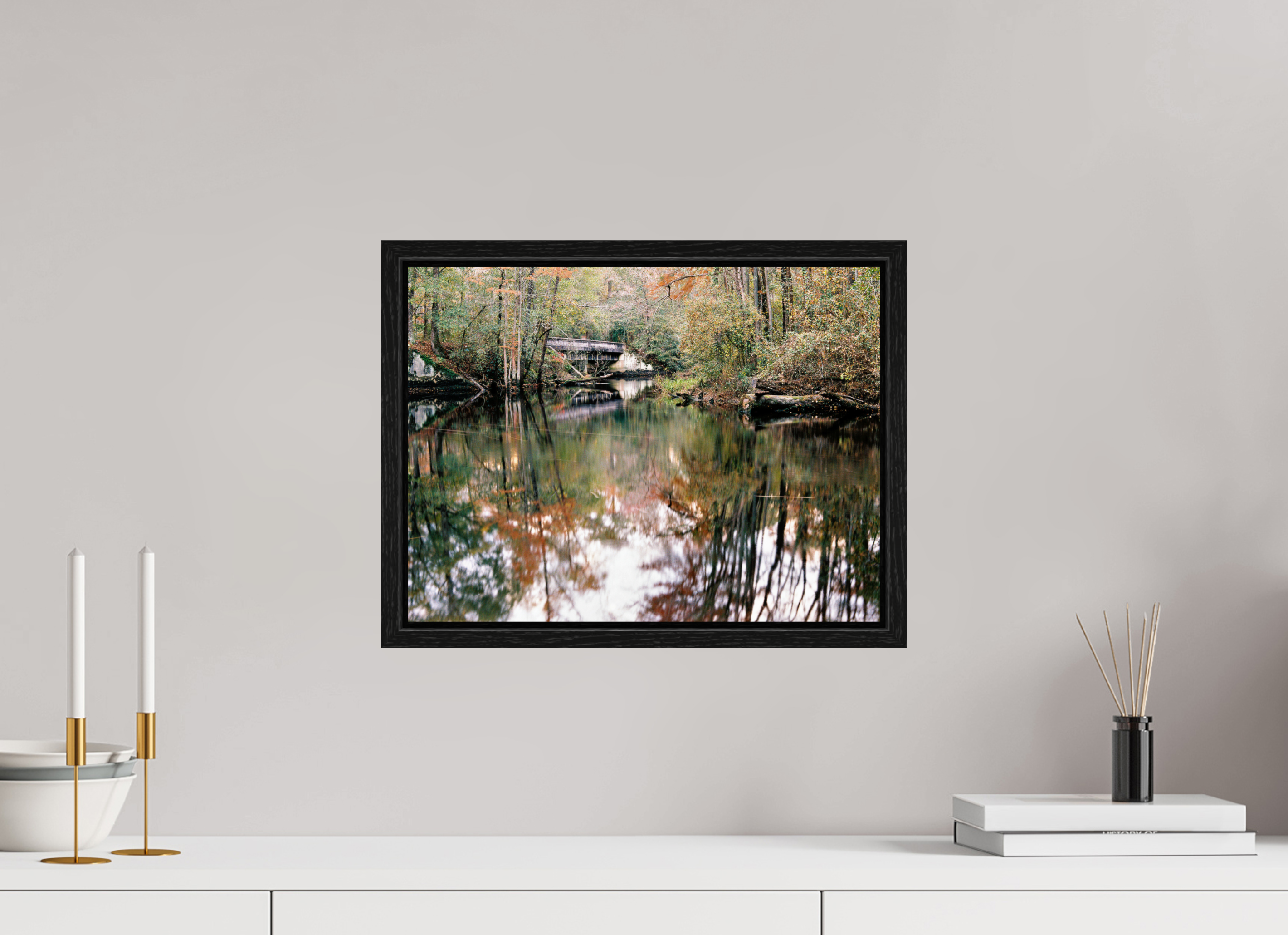 16 x 12″, Floater Frame Gilchrist Bridge and Lumber River in Fall