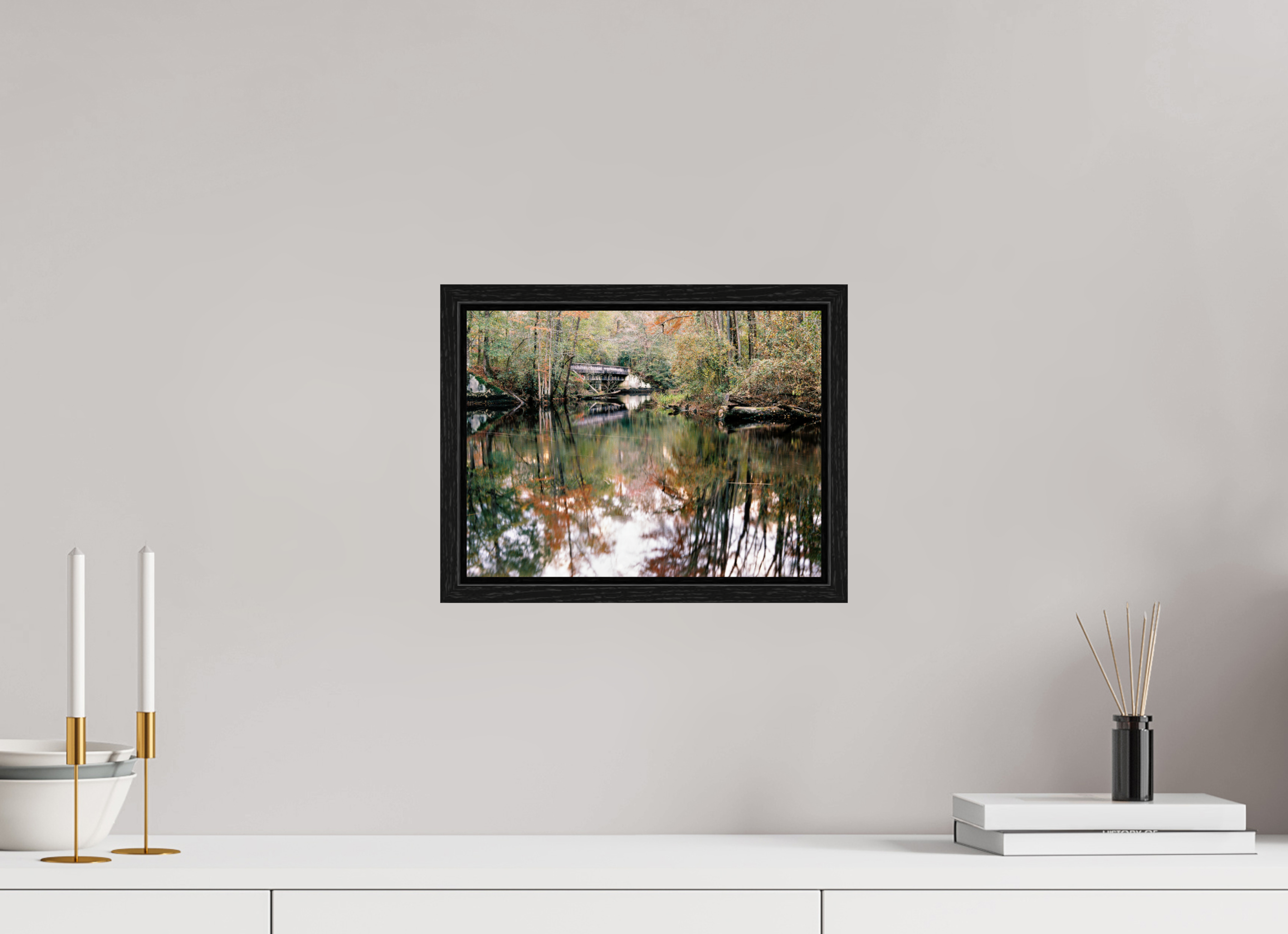 12 x 9″, Floater Frame Gilchrist Bridge and Lumber River in Fall