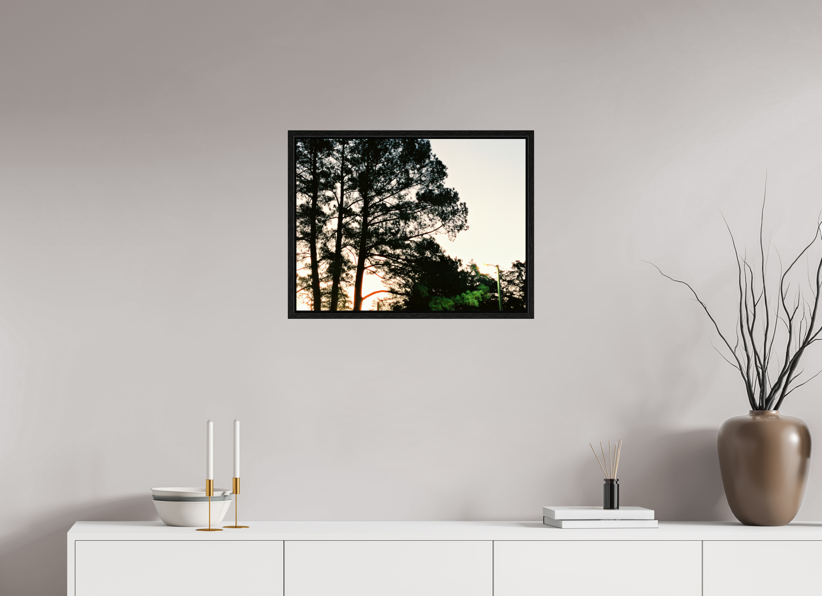 24 x 18″, Floater Frame Pine Trees at Dawn No. 2