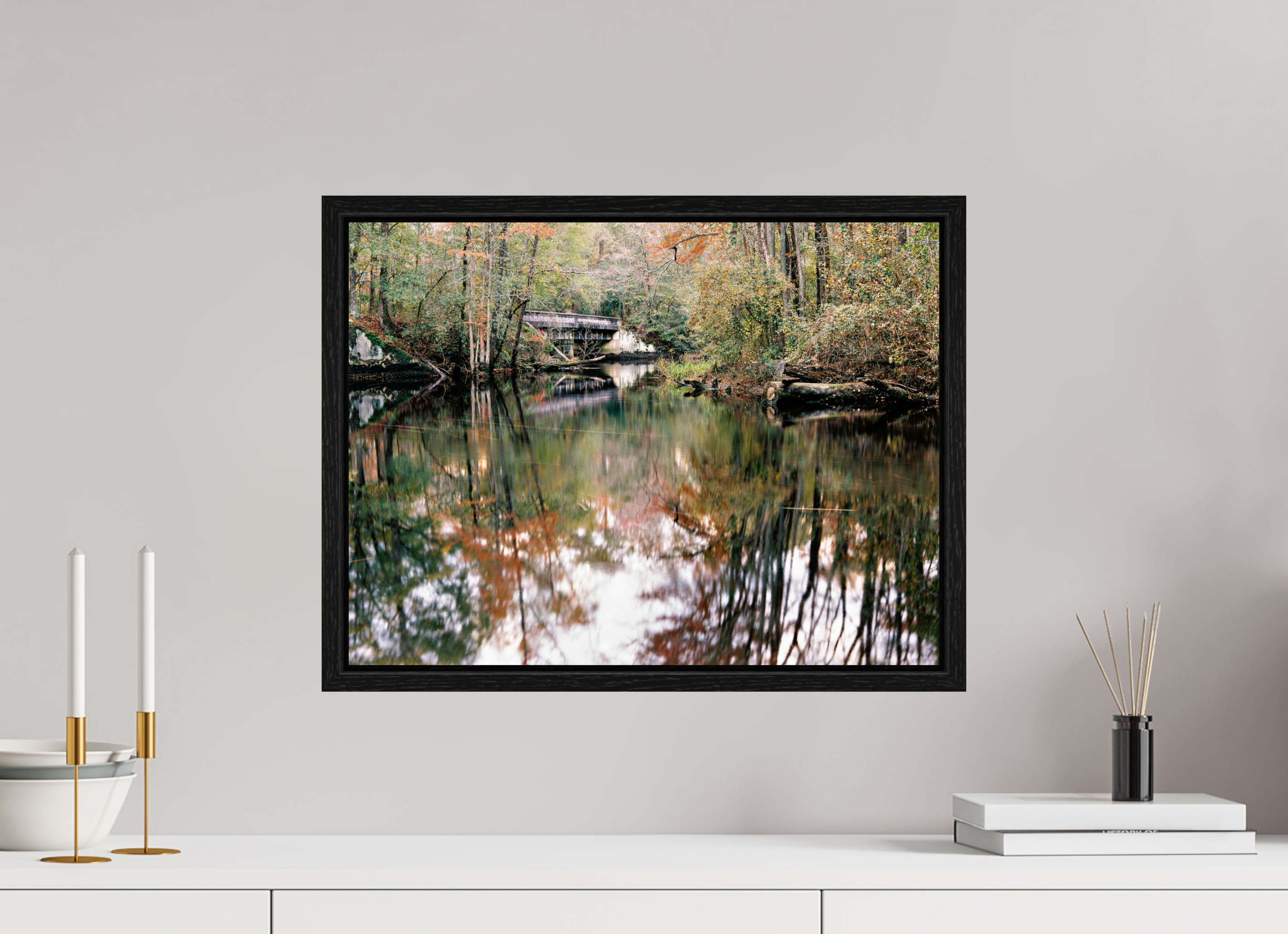 20 x 15″, Floater Frame Gilchrist Bridge and Lumber River in Fall