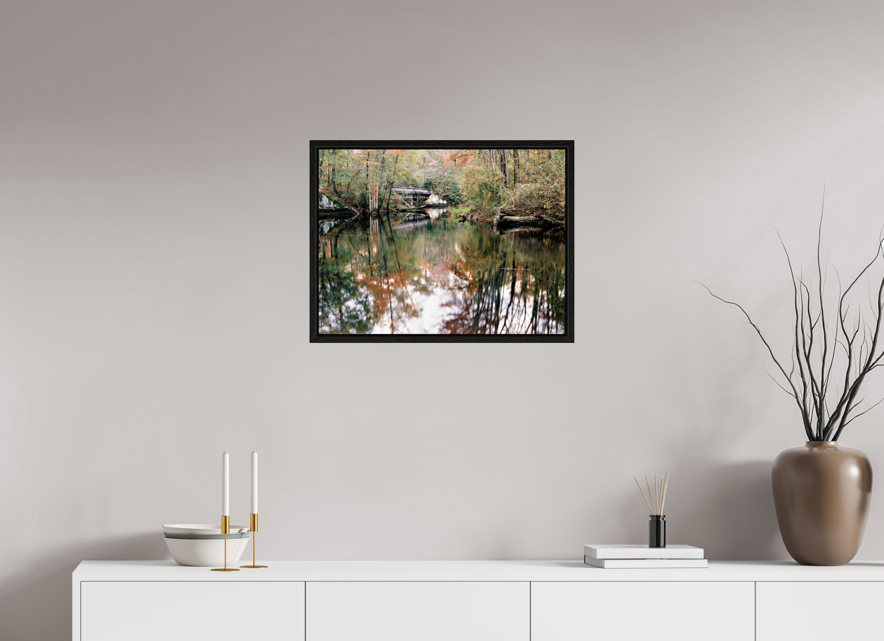 24 x 18″, Floater Frame Gilchrist Bridge and Lumber River in Fall